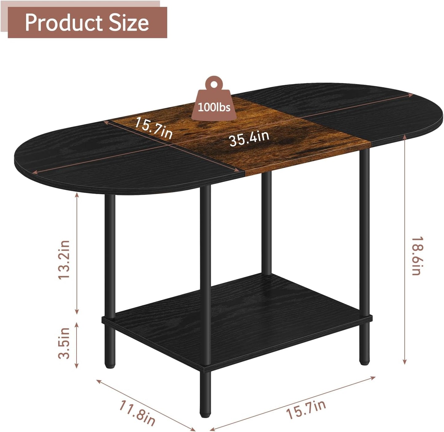 Farmhouse Oval Coffee Table with Storage, 2-Tier Wood Center Table for Living Room, Mid Century Modern Coffee Table Low Cocktail Tea Table for Small Space, Office, Apartment, Brown & Black