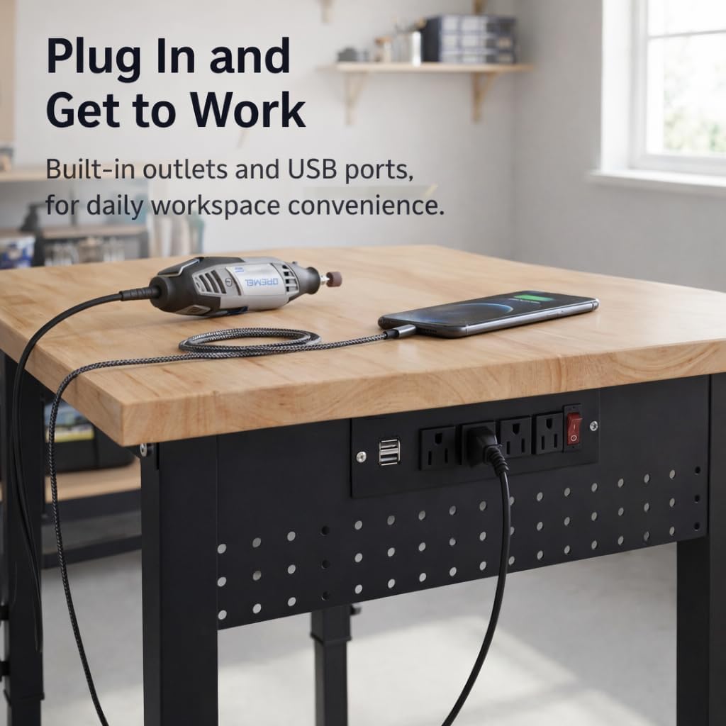 48" Workbench with Footpads, Adjustable Height Workbench with Rubberwood Top, Built-in Power Strip with 4 AC Outlets and 2 USB Ports, 2000 LBS Capacity for Garage, Workshop, and Home