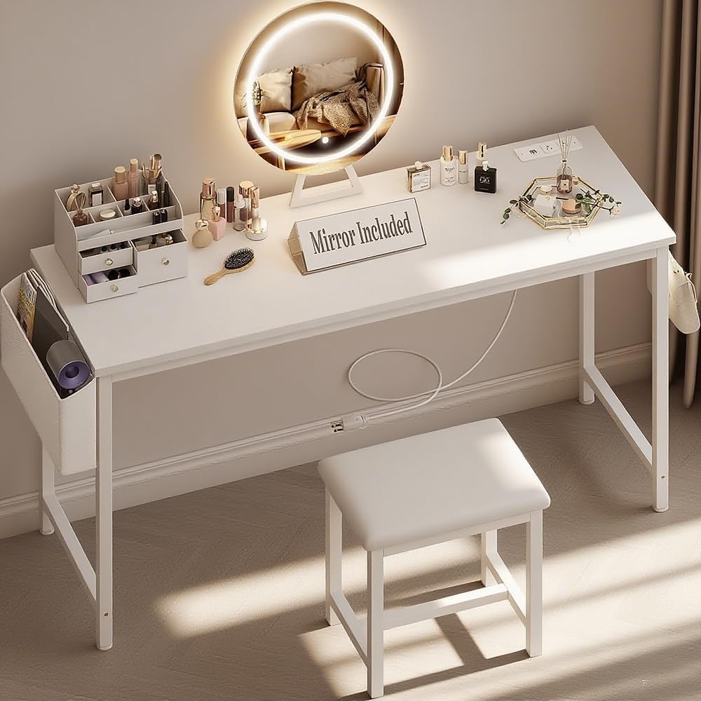 White Vanity Table with Lighted Mirror - 47“ White Vanity Desk with Mirror and Lights & Chair, Makeup Vanitys Set with Power Outlet, Dressing Table Vanities for Girls Bedroom