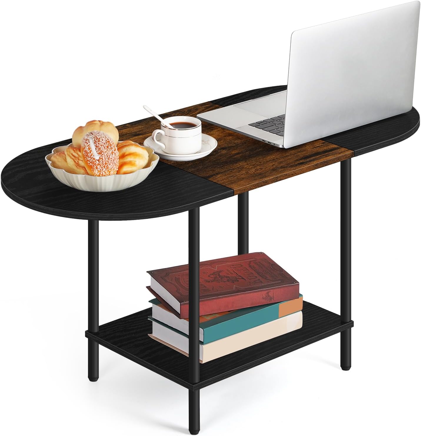 Farmhouse Oval Coffee Table with Storage, 2-Tier Wood Center Table for Living Room, Mid Century Modern Coffee Table Low Cocktail Tea Table for Small Space, Office, Apartment, Brown & Black