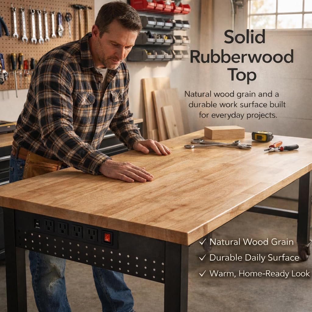 48" Workbench with Footpads, Adjustable Height Workbench with Rubberwood Top, Built-in Power Strip with 4 AC Outlets and 2 USB Ports, 2000 LBS Capacity for Garage, Workshop, and Home