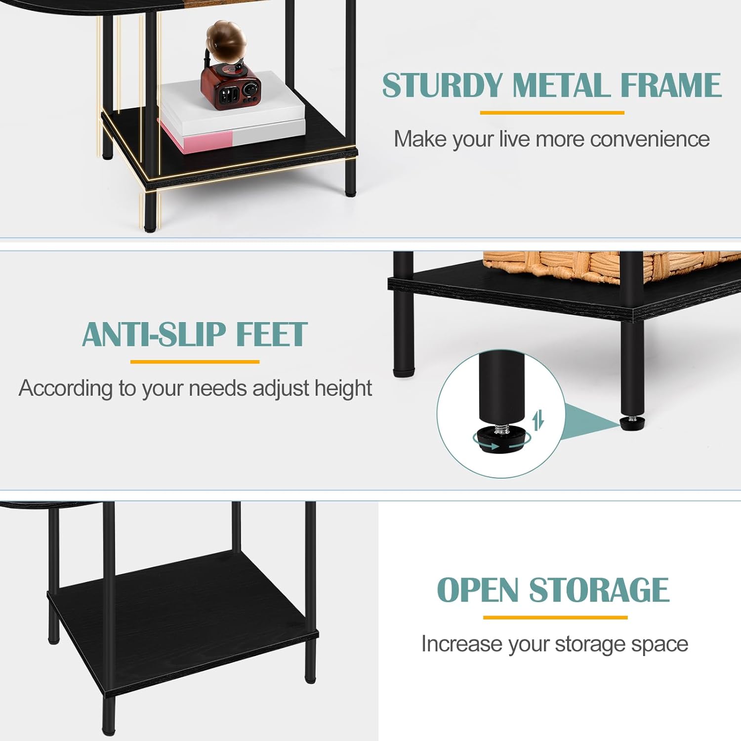 Farmhouse Oval Coffee Table with Storage, 2-Tier Wood Center Table for Living Room, Mid Century Modern Coffee Table Low Cocktail Tea Table for Small Space, Office, Apartment, Brown & Black
