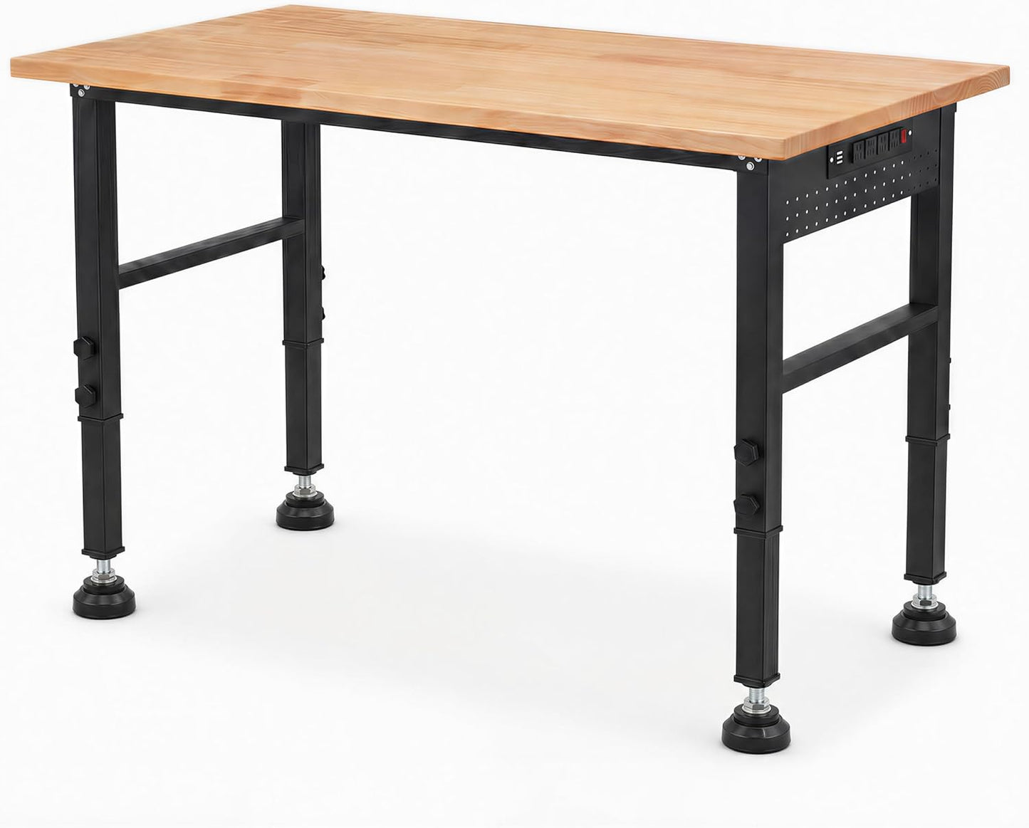 48" Workbench with Footpads, Adjustable Height Workbench with Rubberwood Top, Built-in Power Strip with 4 AC Outlets and 2 USB Ports, 2000 LBS Capacity for Garage, Workshop, and Home