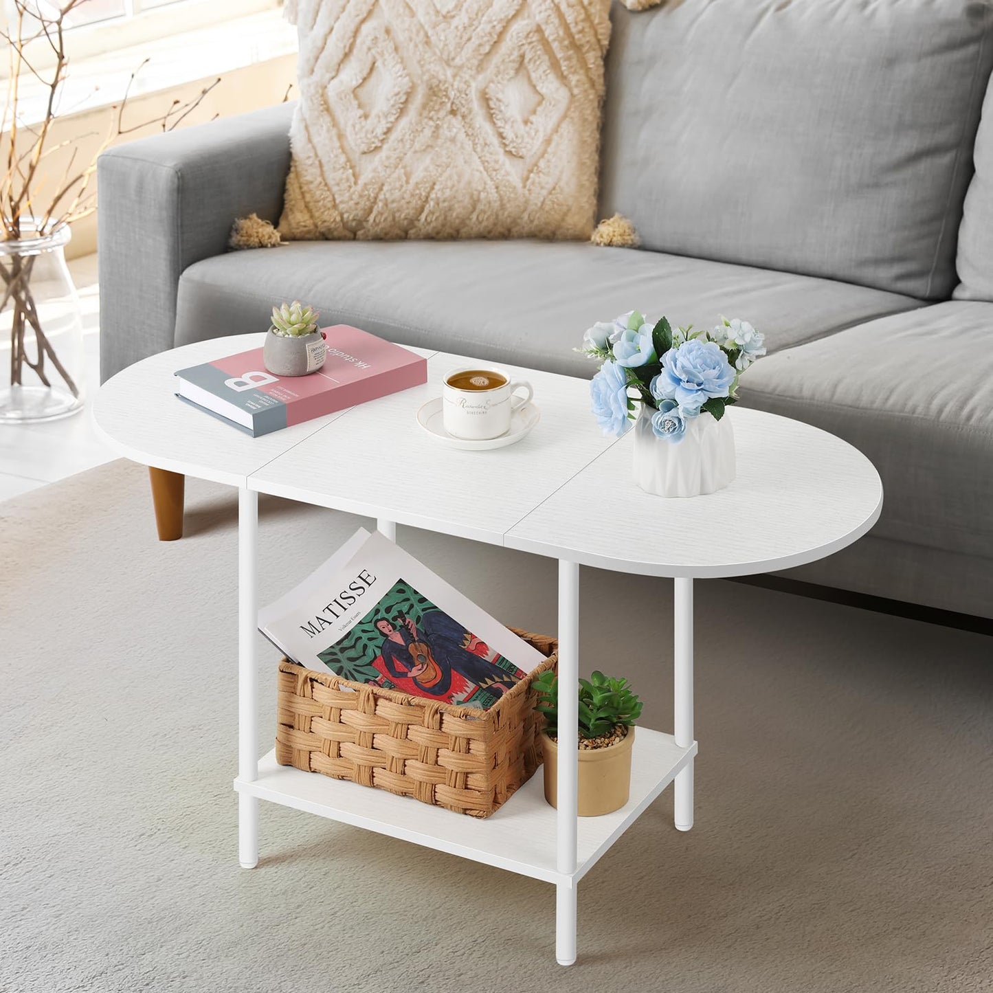 Farmhouse Oval Coffee Table with Storage, 2-Tier Wood Center Table for Living Room, Mid Century Modern Coffee Table Low Cocktail Tea Table for Small Space, Office, Apartment, Brown & Black