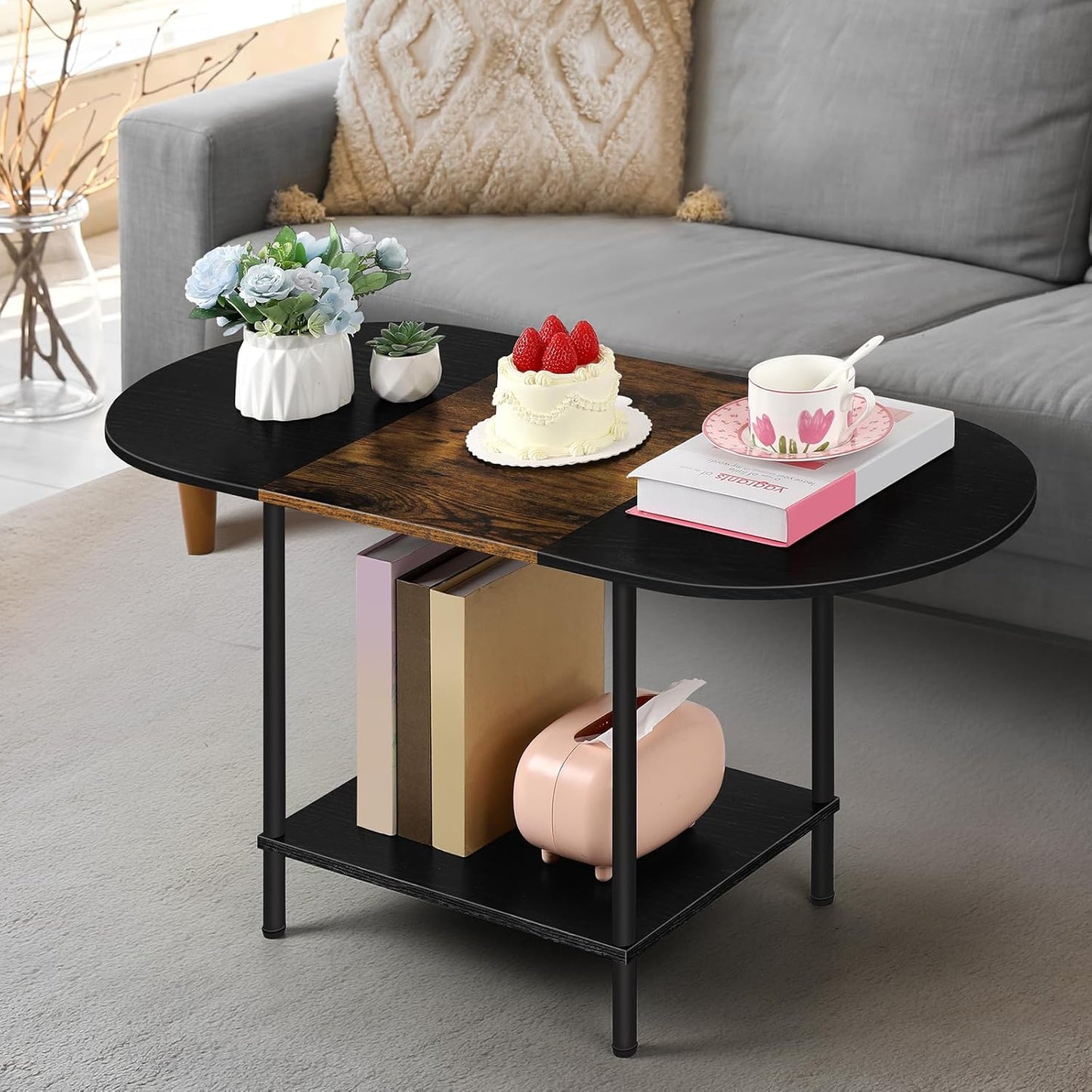 Farmhouse Oval Coffee Table with Storage, 2-Tier Wood Center Table for Living Room, Mid Century Modern Coffee Table Low Cocktail Tea Table for Small Space, Office, Apartment, Brown & Black