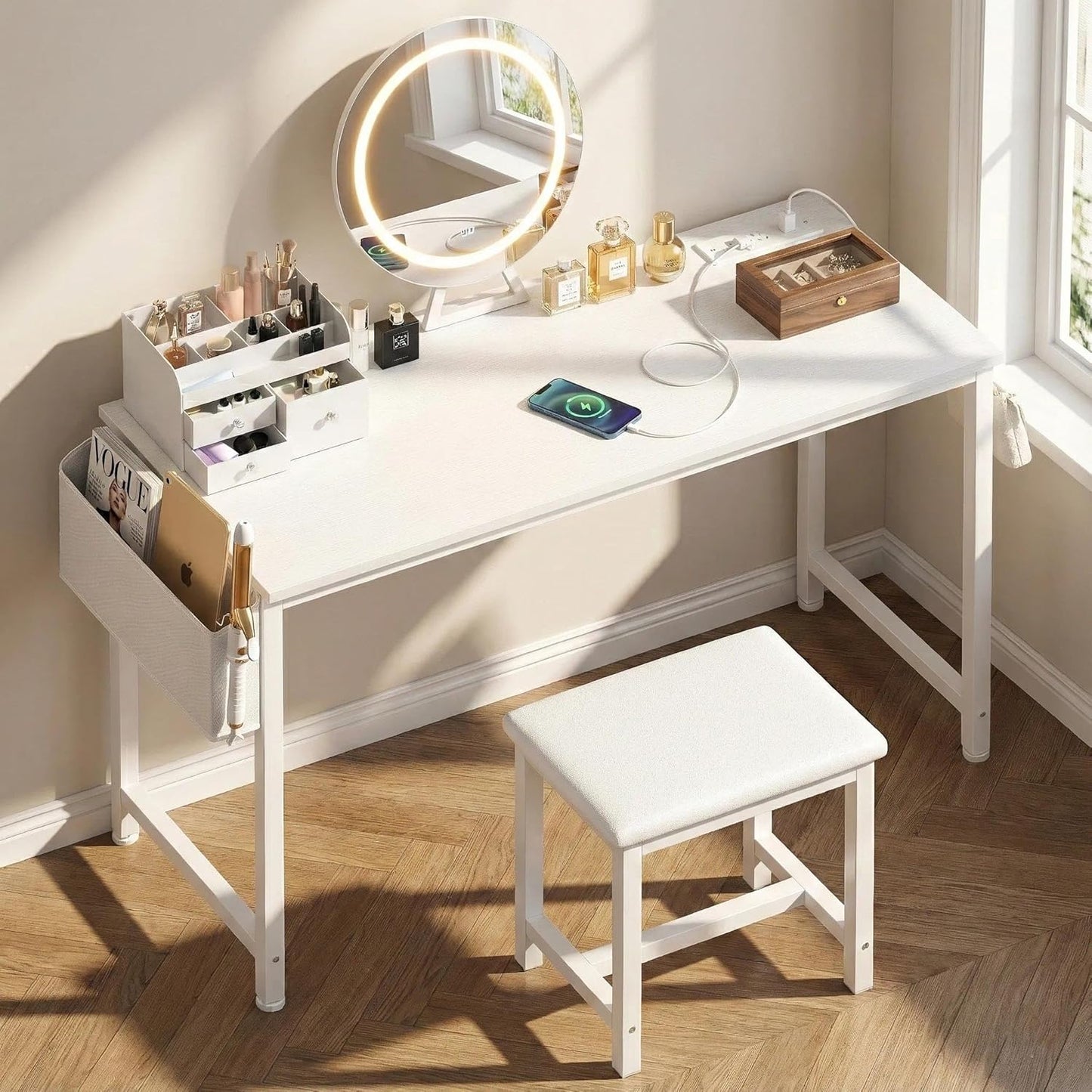 White Vanity Table with Lighted Mirror - 47“ White Vanity Desk with Mirror and Lights & Chair, Makeup Vanitys Set with Power Outlet, Dressing Table Vanities for Girls Bedroom