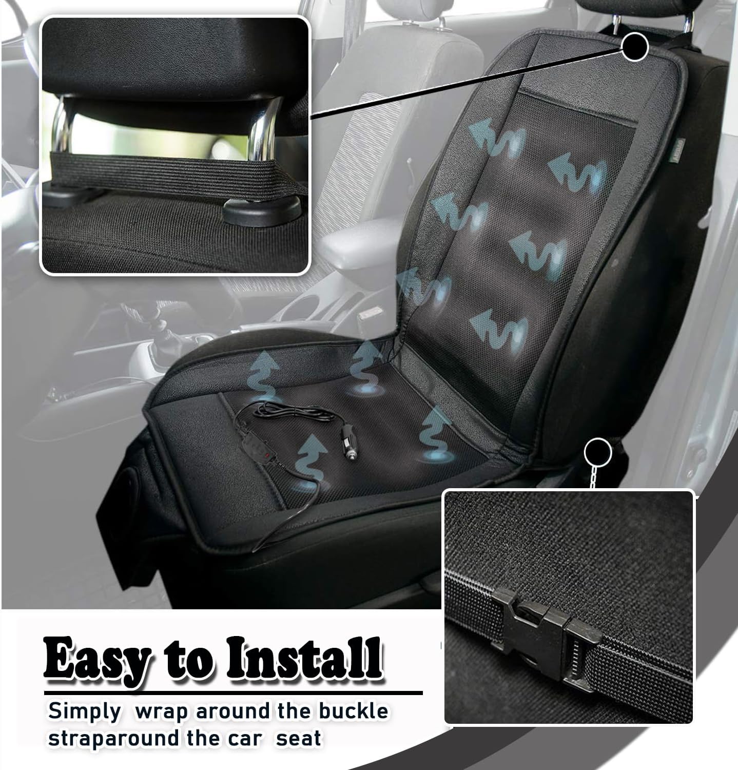 ZONETECH Cooling Car Seat Cushion - Black Automotive Adjustable Temperature Comfortable Cooling Car Seat Cover (1 Pack)