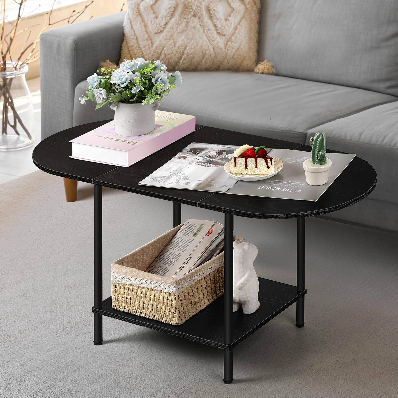Farmhouse Oval Coffee Table with Storage, 2-Tier Wood Center Table for Living Room, Mid Century Modern Coffee Table Low Cocktail Tea Table for Small Space, Office, Apartment, Brown & Black