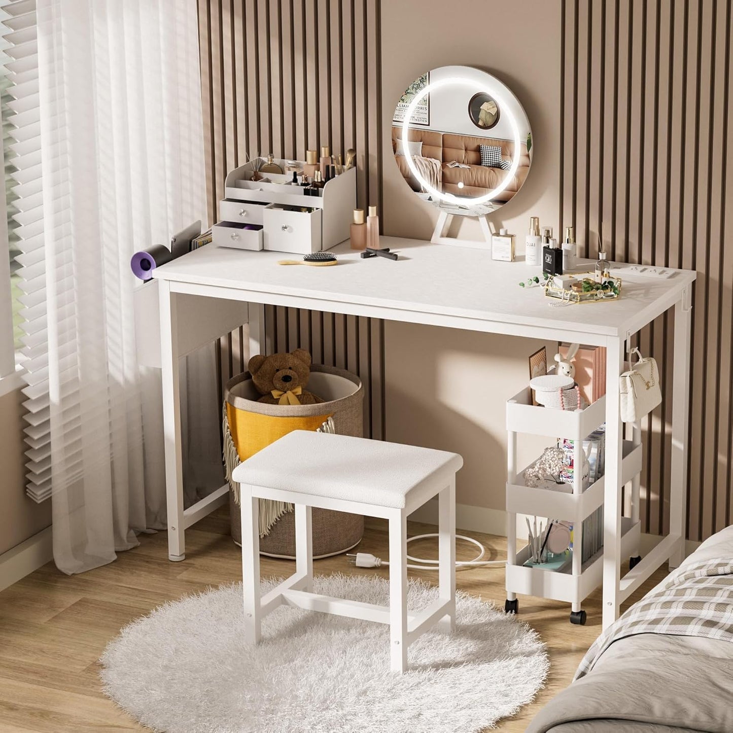 White Vanity Table with Lighted Mirror - 47“ White Vanity Desk with Mirror and Lights & Chair, Makeup Vanitys Set with Power Outlet, Dressing Table Vanities for Girls Bedroom