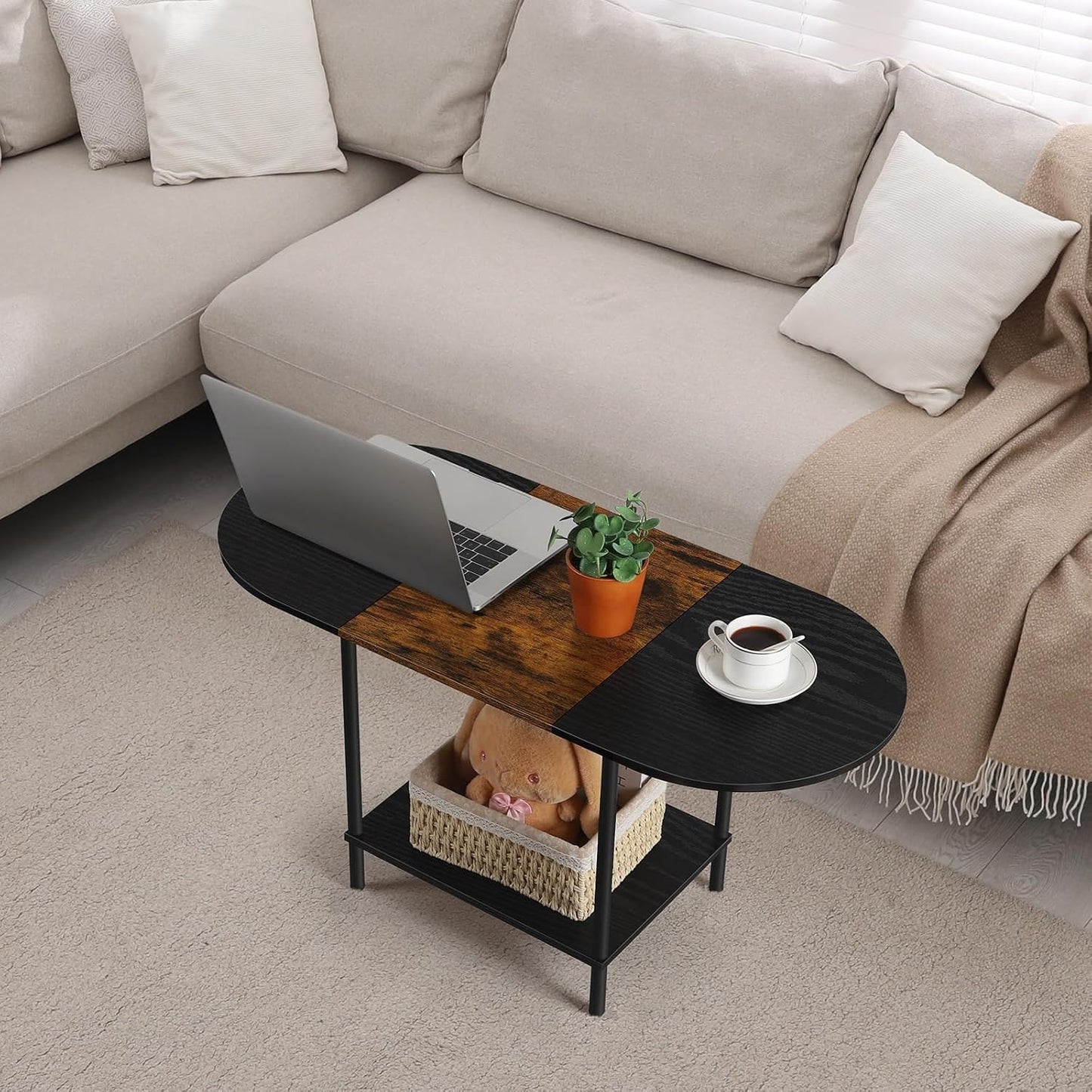 Farmhouse Oval Coffee Table with Storage, 2-Tier Wood Center Table for Living Room, Mid Century Modern Coffee Table Low Cocktail Tea Table for Small Space, Office, Apartment, Brown & Black