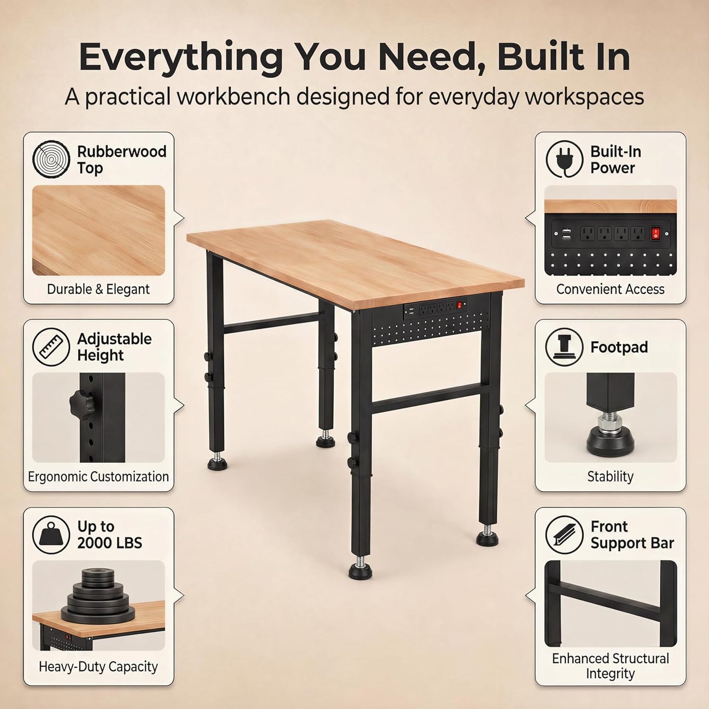 48" Workbench with Footpads, Adjustable Height Workbench with Rubberwood Top, Built-in Power Strip with 4 AC Outlets and 2 USB Ports, 2000 LBS Capacity for Garage, Workshop, and Home
