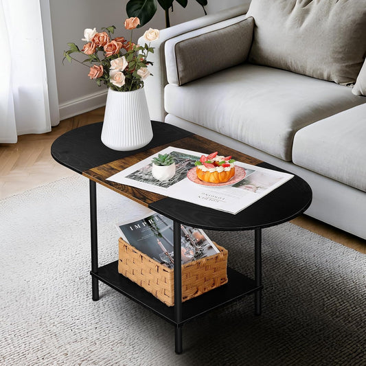 Farmhouse Oval Coffee Table with Storage, 2-Tier Wood Center Table for Living Room, Mid Century Modern Coffee Table Low Cocktail Tea Table for Small Space, Office, Apartment, Brown & Black