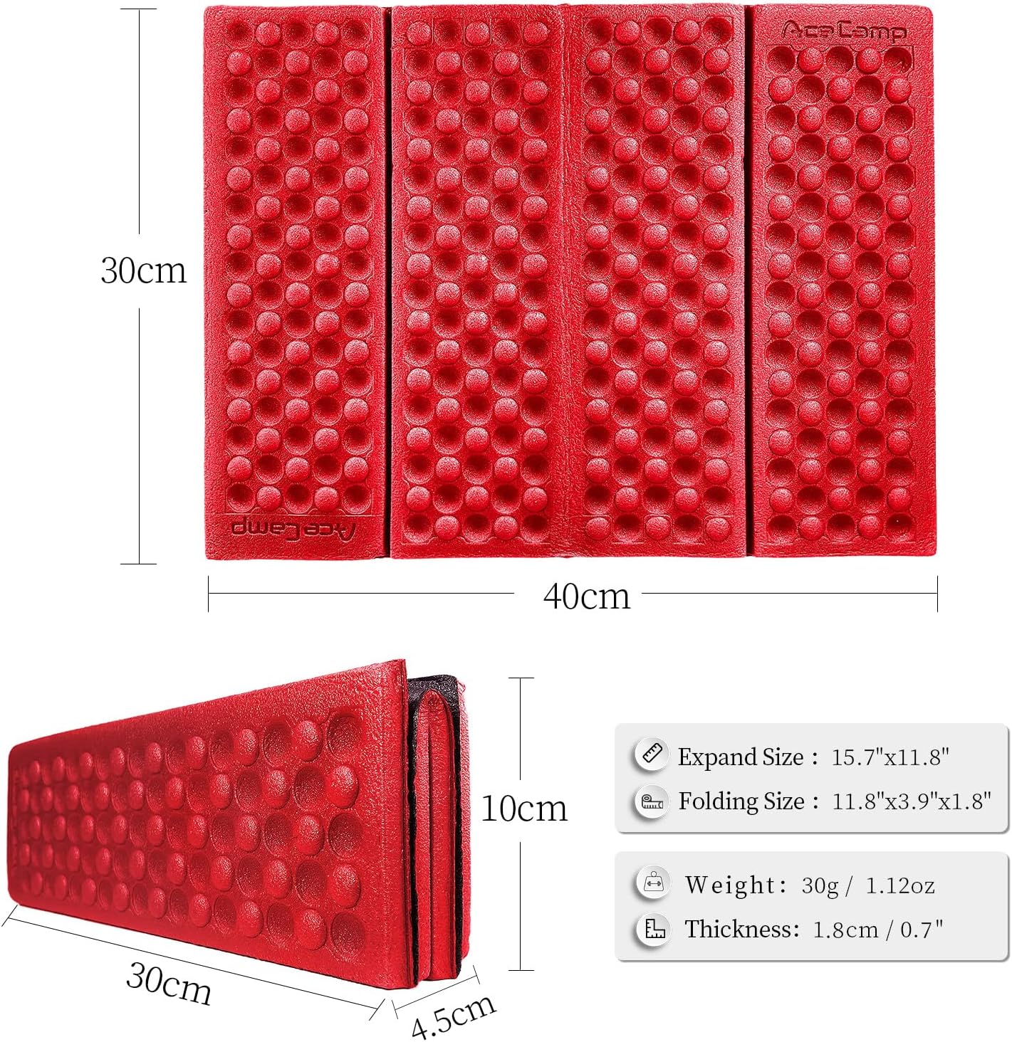 AceCamp 3940 Portable Lightweight Mini Waterproof Folding Mat, Foam Sitting Pad for Outdoor Activities, Foldable Kneeling and Seat Cushion for Comfort, Red