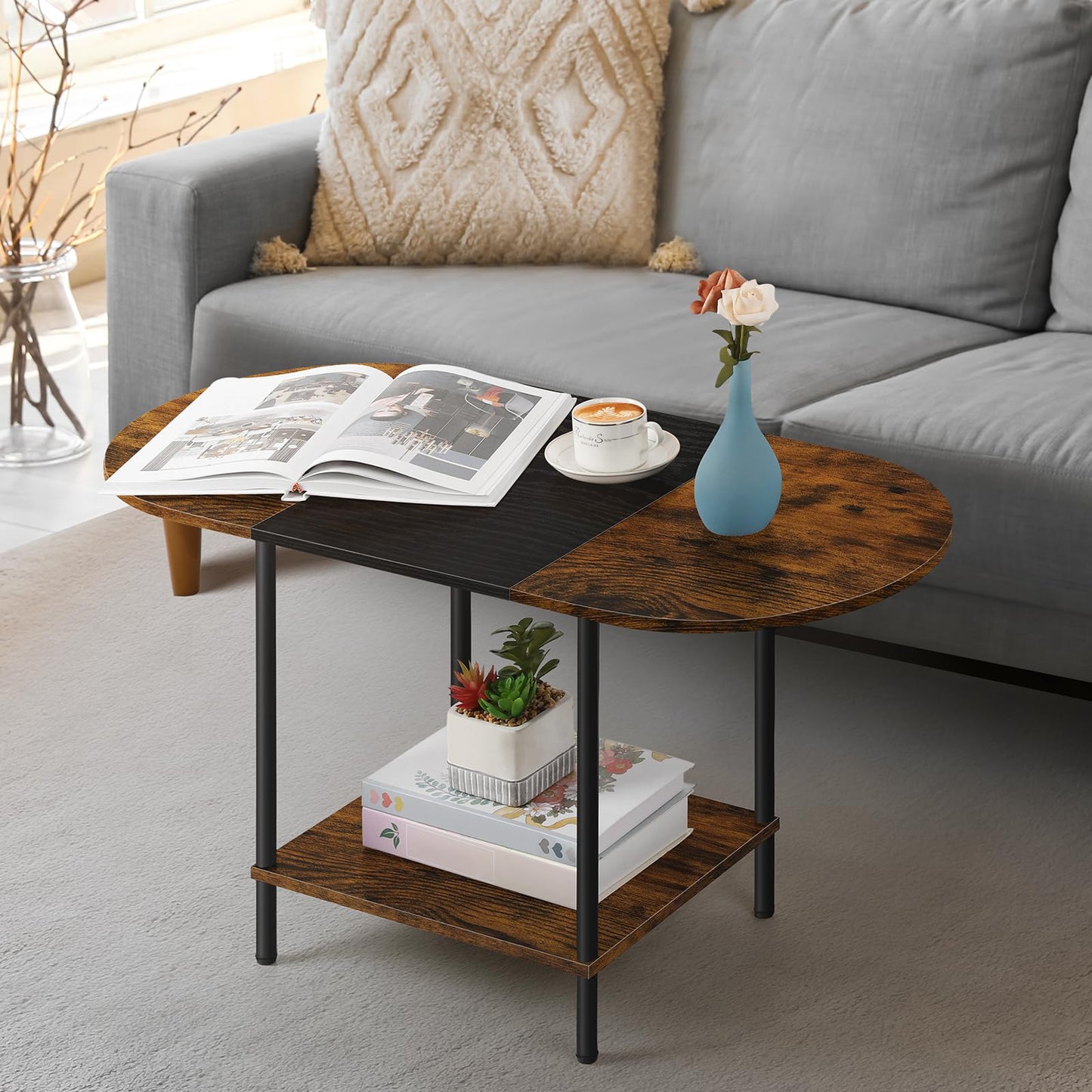 Farmhouse Oval Coffee Table with Storage, 2-Tier Wood Center Table for Living Room, Mid Century Modern Coffee Table Low Cocktail Tea Table for Small Space, Office, Apartment, Brown & Black