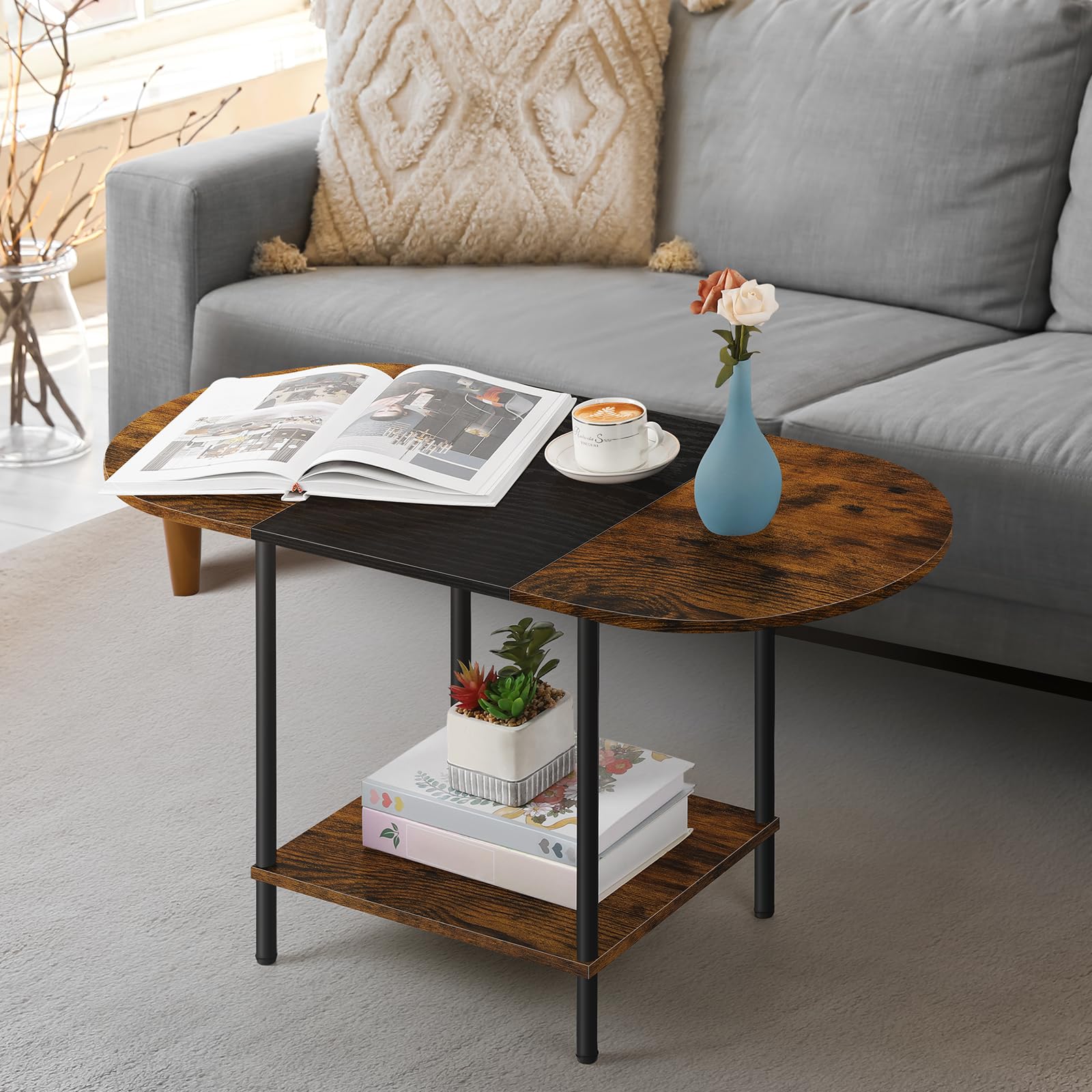 Farmhouse Oval Coffee Table with Storage, 2-Tier Wood Center Table for Living Room, Mid Century Modern Coffee Table Low Cocktail Tea Table for Small Space, Office, Apartment, Brown & Black