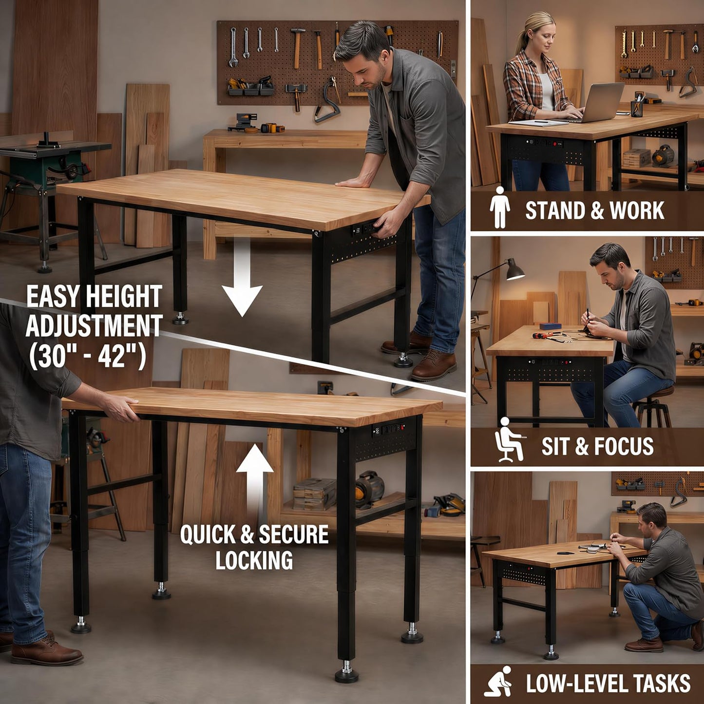 48" Workbench with Footpads, Adjustable Height Workbench with Rubberwood Top, Built-in Power Strip with 4 AC Outlets and 2 USB Ports, 2000 LBS Capacity for Garage, Workshop, and Home