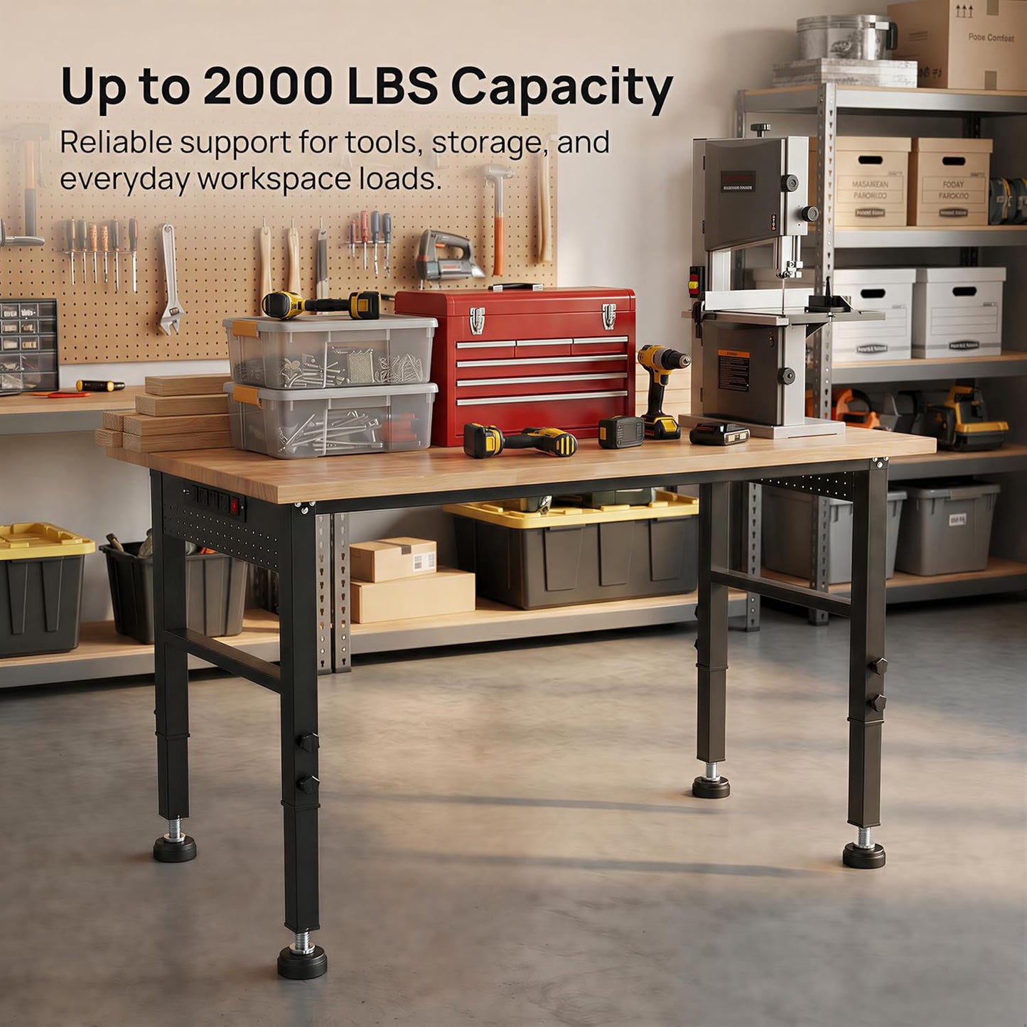 48" Workbench with Footpads, Adjustable Height Workbench with Rubberwood Top, Built-in Power Strip with 4 AC Outlets and 2 USB Ports, 2000 LBS Capacity for Garage, Workshop, and Home