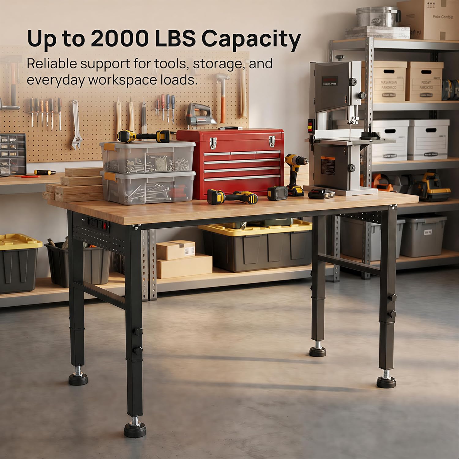 48" Workbench with Footpads, Adjustable Height Workbench with Rubberwood Top, Built-in Power Strip with 4 AC Outlets and 2 USB Ports, 2000 LBS Capacity for Garage, Workshop, and Home