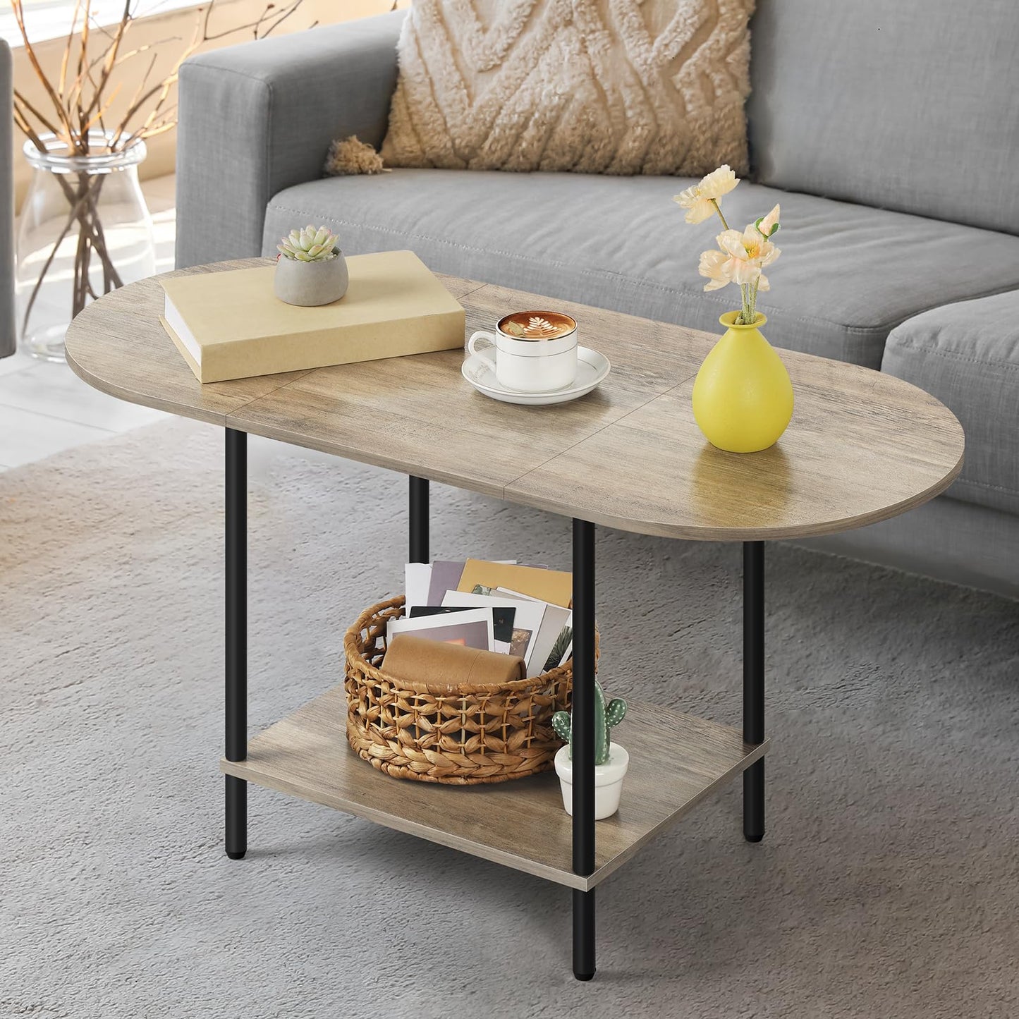 Farmhouse Oval Coffee Table with Storage, 2-Tier Wood Center Table for Living Room, Mid Century Modern Coffee Table Low Cocktail Tea Table for Small Space, Office, Apartment, Brown & Black