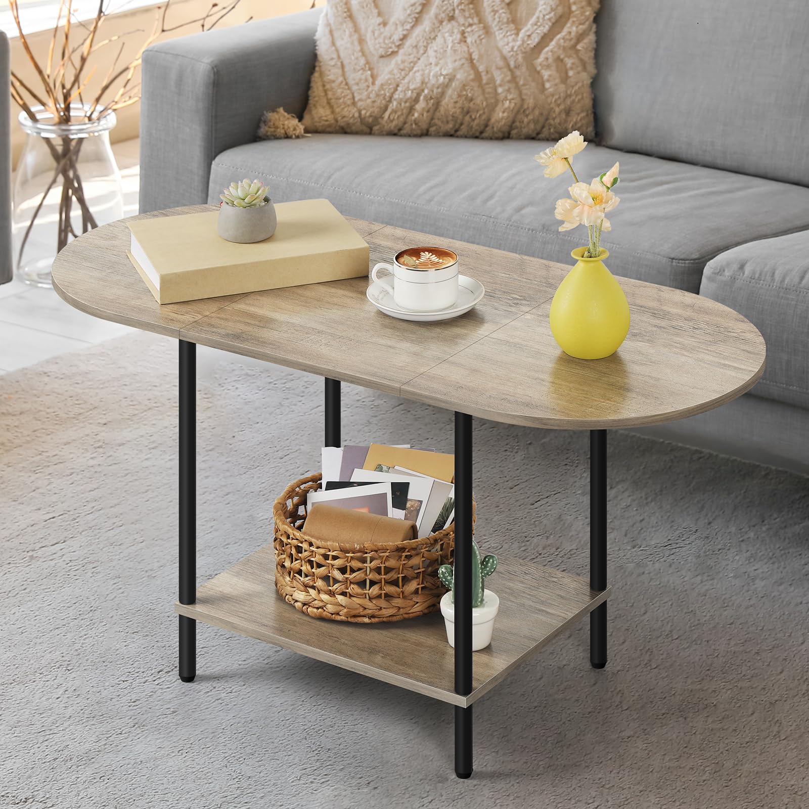 Farmhouse Oval Coffee Table with Storage, 2-Tier Wood Center Table for Living Room, Mid Century Modern Coffee Table Low Cocktail Tea Table for Small Space, Office, Apartment, Brown & Black