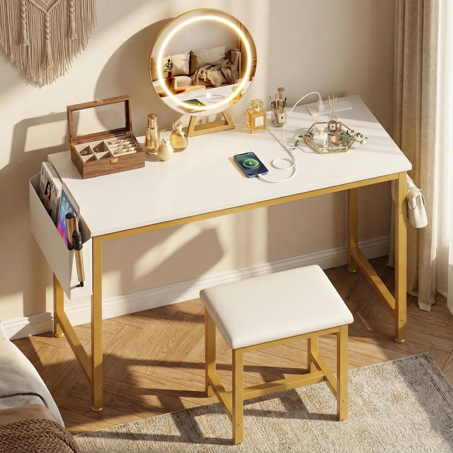 White Vanity Table with Lighted Mirror - 47“ White Vanity Desk with Mirror and Lights & Chair, Makeup Vanitys Set with Power Outlet, Dressing Table Vanities for Girls Bedroom