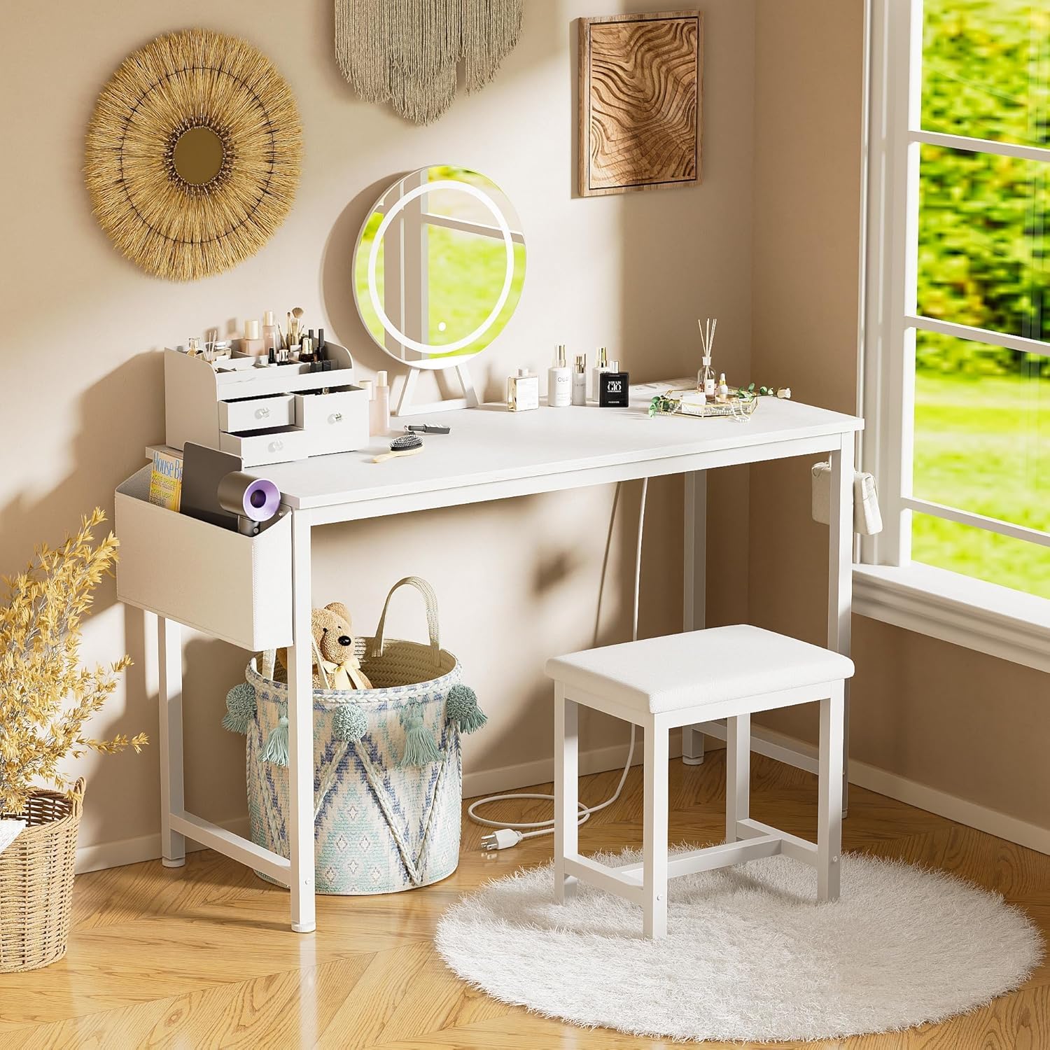 White Vanity Table with Lighted Mirror - 47“ White Vanity Desk with Mirror and Lights & Chair, Makeup Vanitys Set with Power Outlet, Dressing Table Vanities for Girls Bedroom