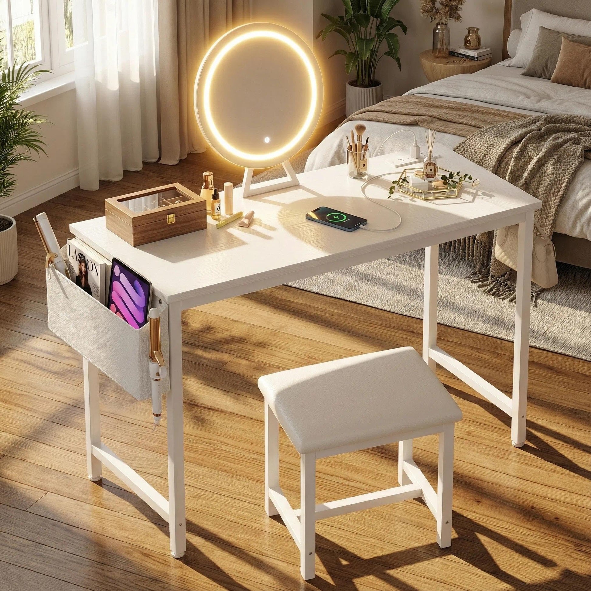 White Vanity Table with Lighted Mirror - 47“ White Vanity Desk with Mirror and Lights & Chair, Makeup Vanitys Set with Power Outlet, Dressing Table Vanities for Girls Bedroom